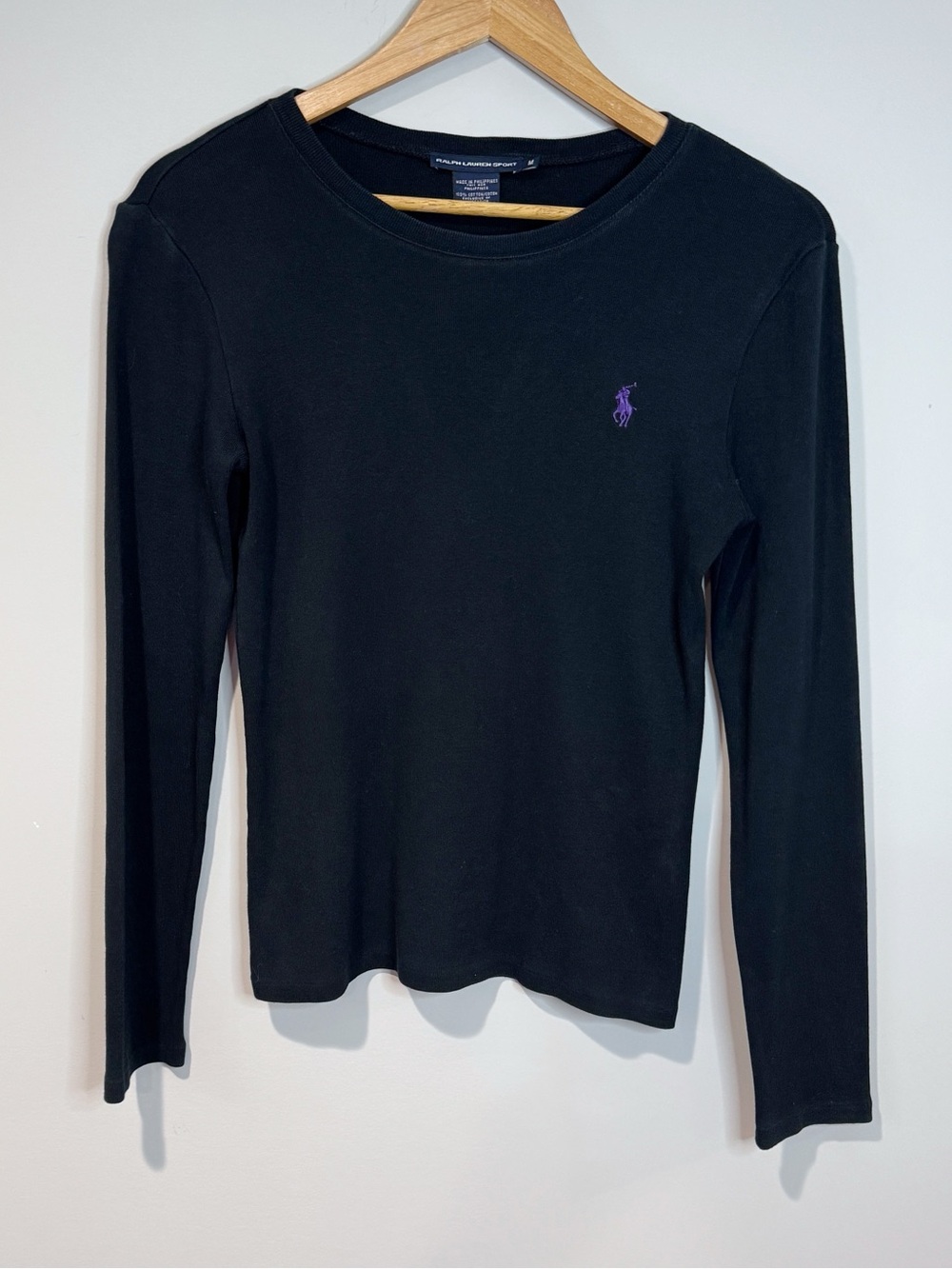 Ralph Lauren Women's Black Long Sleeve 100% Cotton Tee Purple Pony Lightweight M